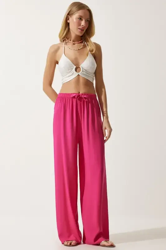 Women's Fuchsia Summer Viscose Palazzo Pants EN00610-Fuchsia - 1