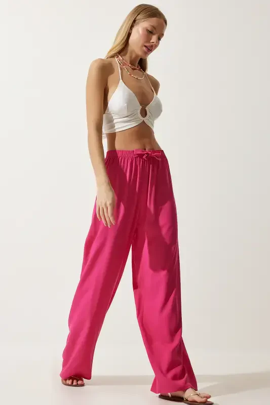 Women's Fuchsia Summer Viscose Palazzo Pants EN00610-Fuchsia - 2