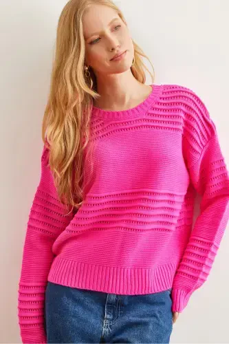 Women's Fuchsia Textured Knit Sweater with Ribbon Detail KZK-19000808-Fuchsia - 1