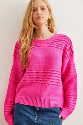 Women's Fuchsia Textured Knit Sweater with Ribbon Detail KZK-19000808-Fuchsia - 2