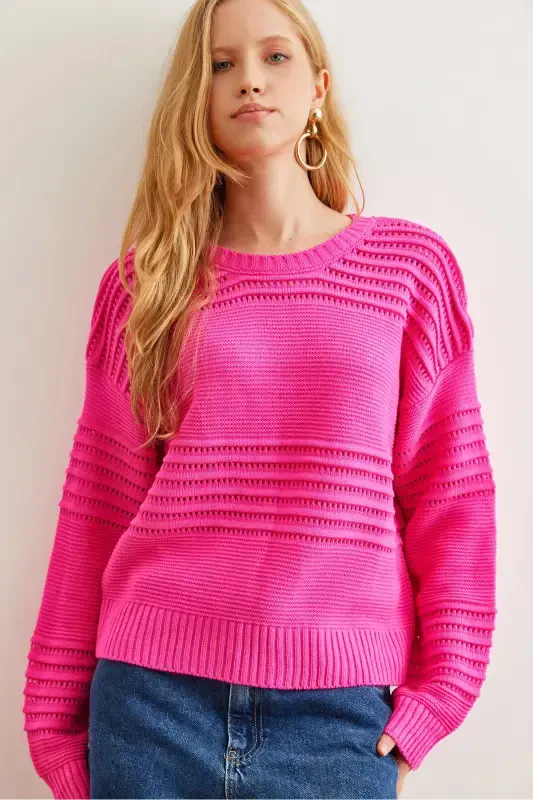 Women's Fuchsia Textured Knit Sweater with Ribbon Detail KZK-19000808-Fuchsia - 2