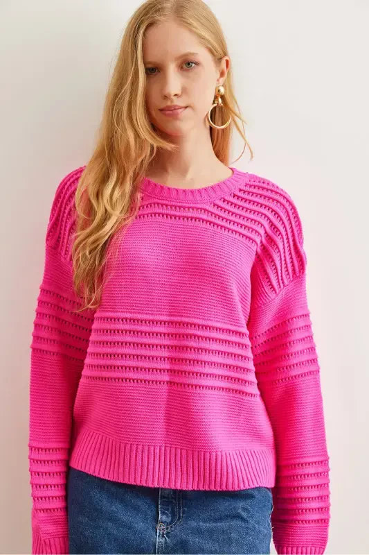 Women's Fuchsia Textured Knit Sweater with Ribbon Detail KZK-19000808-Fuchsia - 3