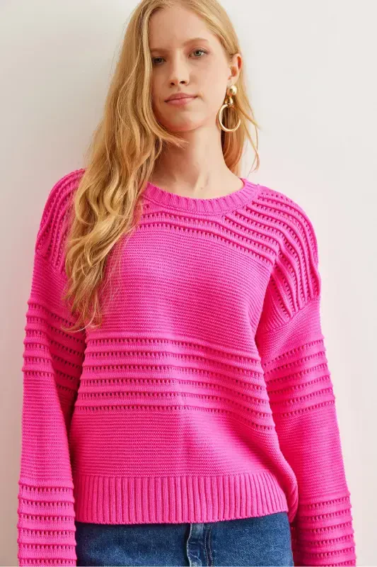 Women's Fuchsia Textured Knit Sweater with Ribbon Detail KZK-19000808-Fuchsia - 4