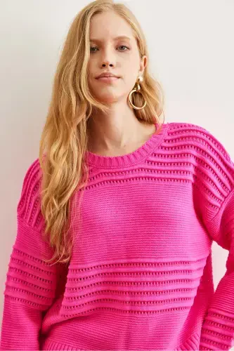 Women's Fuchsia Textured Knit Sweater with Ribbon Detail KZK-19000808-Fuchsia - 5