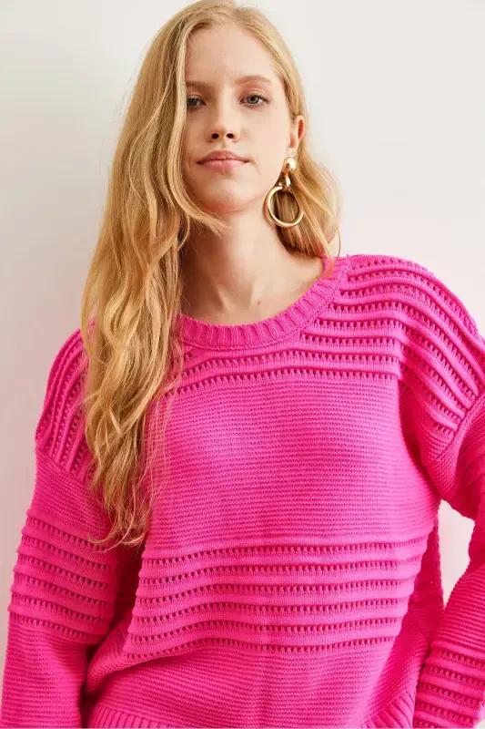 Women's Fuchsia Textured Knit Sweater with Ribbon Detail KZK-19000808-Fuchsia - 5
