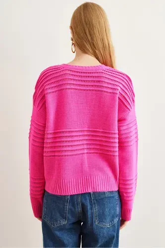 Women's Fuchsia Textured Knit Sweater with Ribbon Detail KZK-19000808-Fuchsia - 6