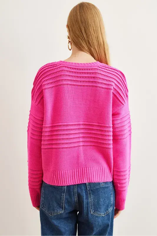 Women's Fuchsia Textured Knit Sweater with Ribbon Detail KZK-19000808-Fuchsia - 6