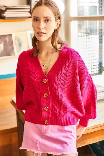 Women's Fuchsia Thick Cable Knit Cardigan HRK-19000082 - Fuchsia - 1