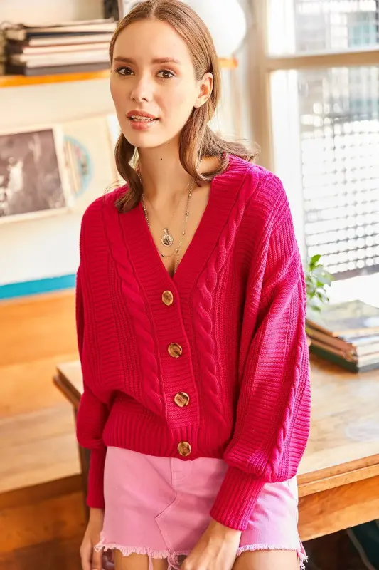 Women's Fuchsia Thick Cable Knit Cardigan HRK-19000082 - Fuchsia - 2