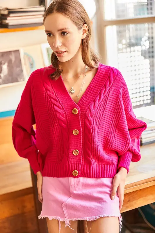 Women's Fuchsia Thick Cable Knit Cardigan HRK-19000082 - Fuchsia - 3