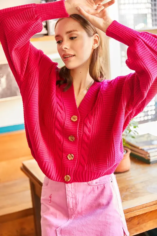Women's Fuchsia Thick Cable Knit Cardigan HRK-19000082 - Fuchsia - 4