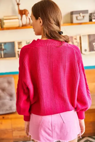 Women's Fuchsia Thick Cable Knit Cardigan HRK-19000082 - Fuchsia - 5