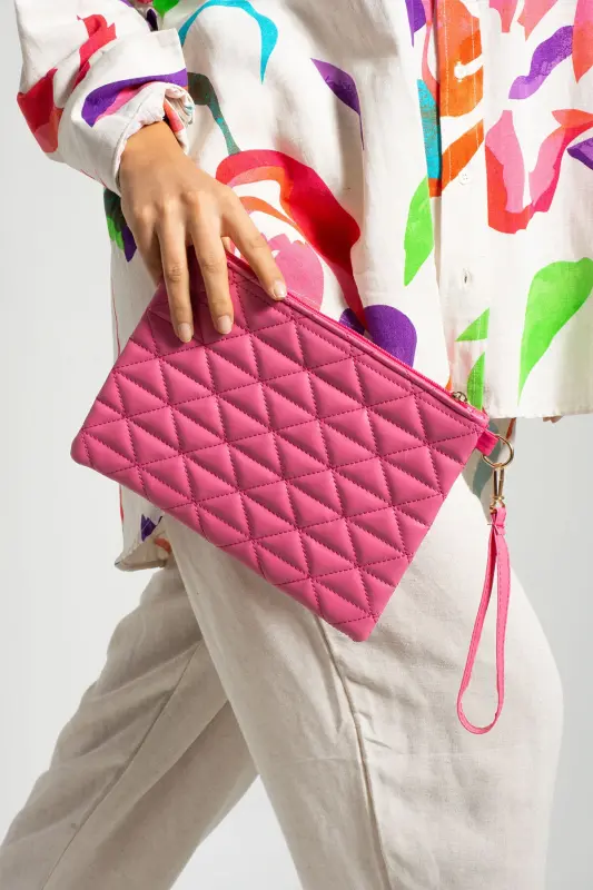 Women's Fuchsia Triangle Pattern Portfolio Clutch Handbag - 2
