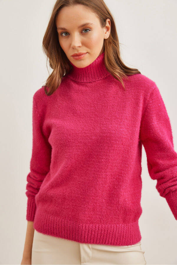 Women's Fuchsia Turtleneck Sweater Soft Textured Cable Knit Sweater KZK-19000861 - 1