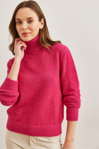 Women's Fuchsia Turtleneck Sweater Soft Textured Cable Knit Sweater KZK-19000861 - 3