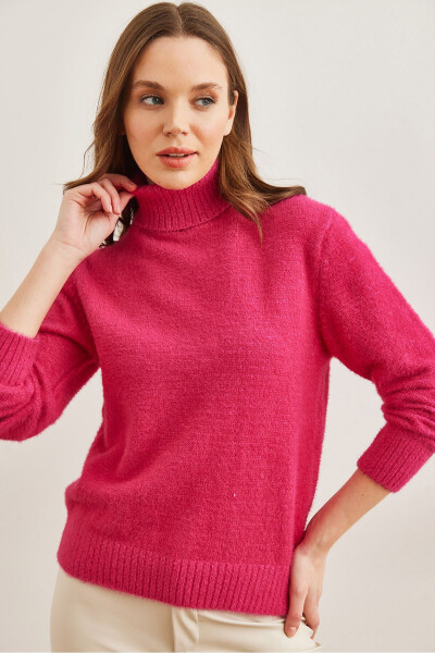 Women's Fuchsia Turtleneck Sweater Soft Textured Cable Knit Sweater KZK-19000861 - 4
