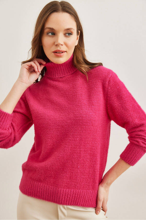 Women's Fuchsia Turtleneck Sweater Soft Textured Cable Knit Sweater KZK-19000861 - 4