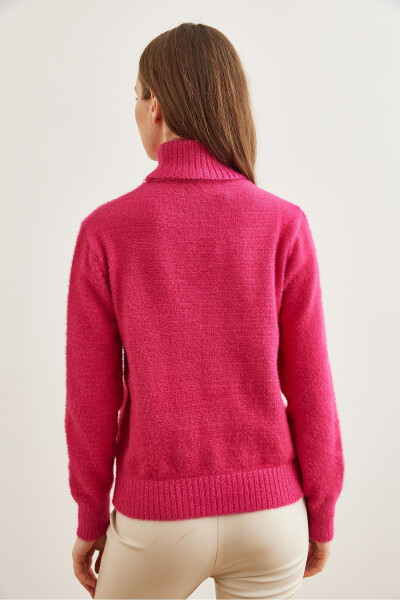 Women's Fuchsia Turtleneck Sweater Soft Textured Cable Knit Sweater KZK-19000861 - 6