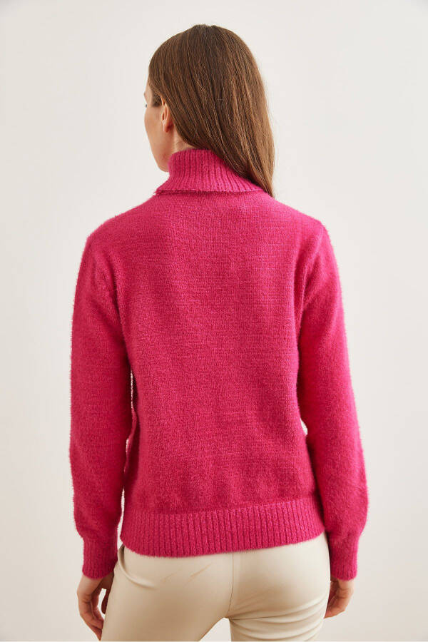 Women's Fuchsia Turtleneck Sweater Soft Textured Cable Knit Sweater KZK-19000861 - 6