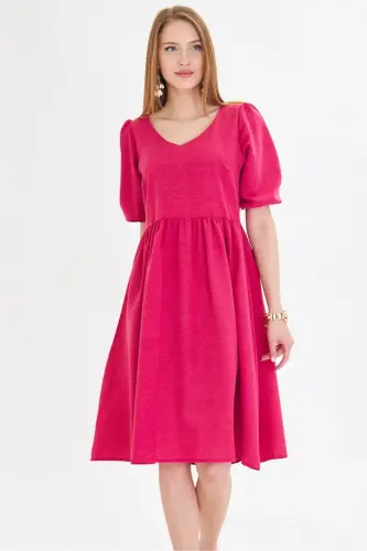 Women's Fuchsia U-Neck Elasticated Sleeve Gathered Waist M - 1