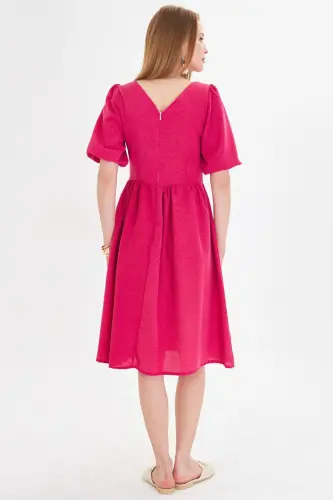 Women's Fuchsia U-Neck Elasticated Sleeve Gathered Waist M - ARMONIKA (1)