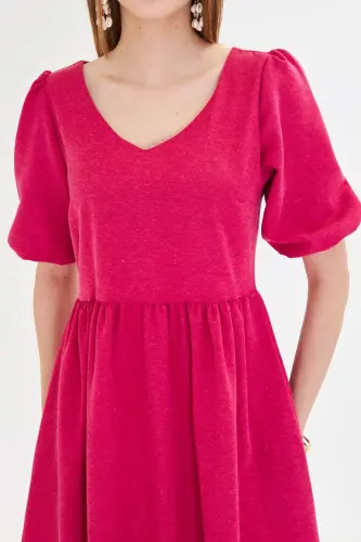 Women's Fuchsia U-Neck Elasticated Sleeve Gathered Waist M - 3