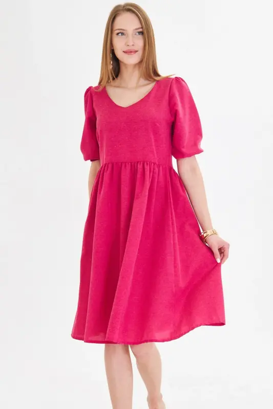 Women's Fuchsia U-Neck Elasticated Sleeve Gathered Waist M - 4
