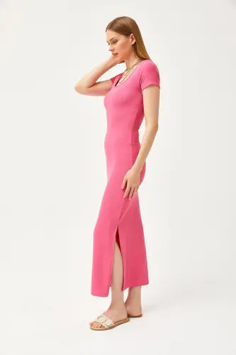 Women's Fuchsia U-Neck Lycra Thin Ribbed Slit Ottoman Dress ELB-19002080-Fuchsia - OLALOOK (1)