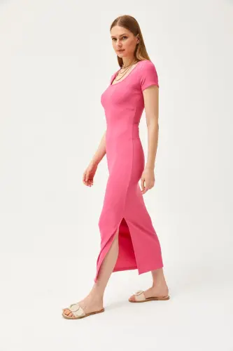 Women's Fuchsia U-Neck Lycra Thin Ribbed Slit Ottoman Dress ELB-19002080-Fuchsia - 4