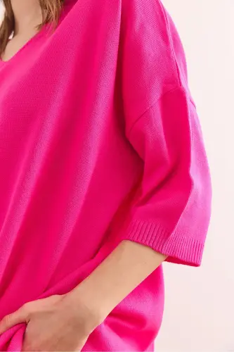 Women's Fuchsia V-Neck Short Sleeve Flowy Blouse BLZ-190 - 8
