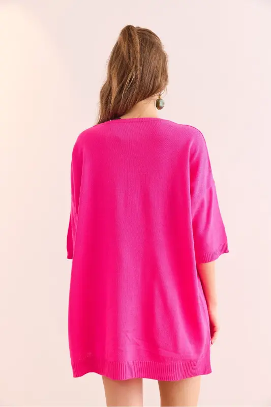 Women's Fuchsia V-Neck Short Sleeve Flowy Blouse BLZ-190 - 2