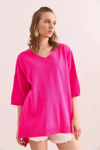 Women's Fuchsia V-Neck Short Sleeve Flowy Blouse BLZ-190 - 3