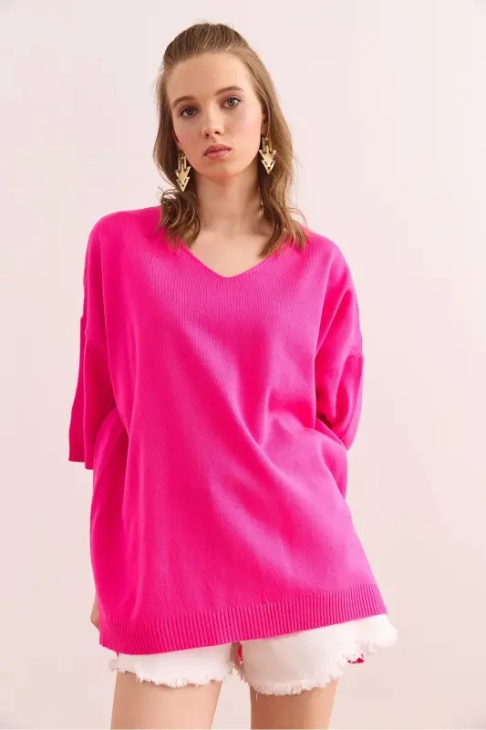 Women's Fuchsia V-Neck Short Sleeve Flowy Blouse BLZ-190 - 4