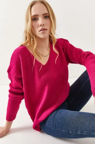 Women's Fuchsia V-Neck Soft Touch Knit Sweater KZK-19000598-Fuchsia 