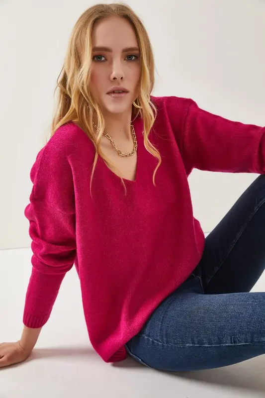 Women's Fuchsia V-Neck Soft Touch Knit Sweater KZK-19000598-Fuchsia - 2