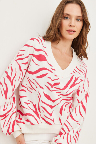 Women's Fuchsia V-Neck Thistled Zebra Thick Sweatshirt SWT-19000677 - OLALOOK (1)