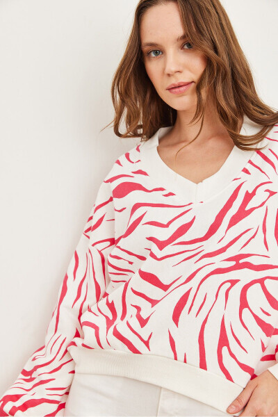 Women's Fuchsia V-Neck Thistled Zebra Thick Sweatshirt SWT-19000677 - 3
