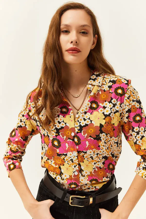 Women's Fuchsia Yellow Patterned Woven Viscose Shirt GML-19001162 - 1