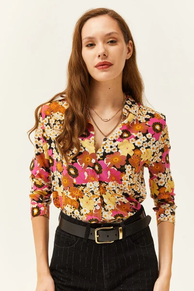 Women's Fuchsia Yellow Patterned Woven Viscose Shirt GML-19001162 - 3