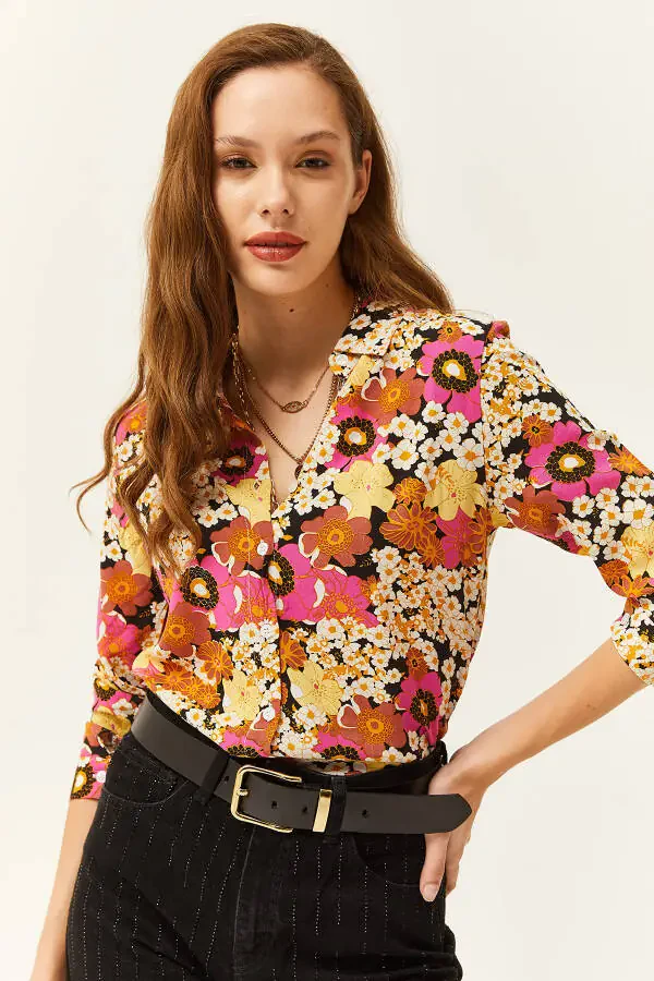 Women's Fuchsia Yellow Patterned Woven Viscose Shirt GML-19001162 - 4