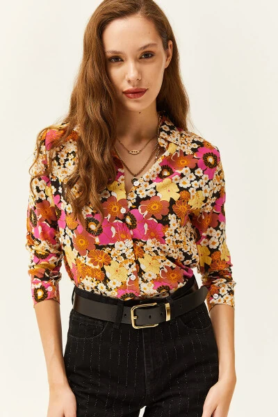 Women's Fuchsia Yellow Patterned Woven Viscose Shirt GML-19001162 - 5