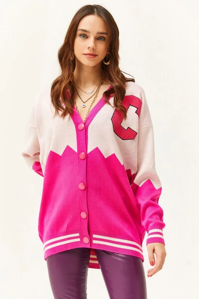 Women's Fuchsia Zigzag Letter Detail Oversized Knit Cardigan HRK-19000277 - OLALOOK