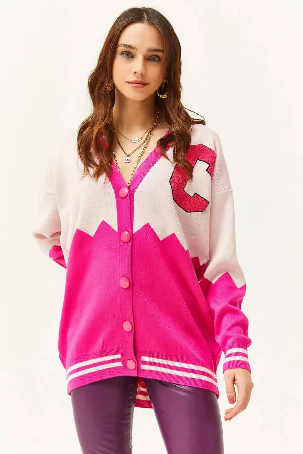 Women's Fuchsia Zigzag Letter Detail Oversized Knit Cardigan HRK-19000277 - 1