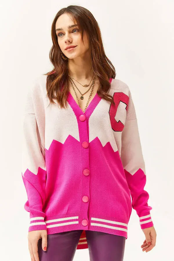 Women's Fuchsia Zigzag Letter Detail Oversized Knit Cardigan HRK-19000277 - 3