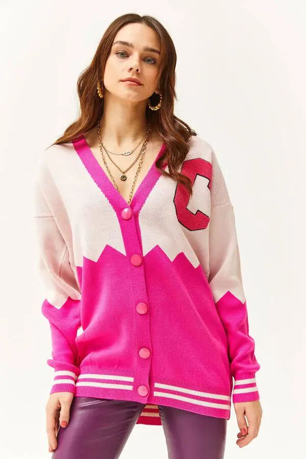 Women's Fuchsia Zigzag Letter Detail Oversized Knit Cardigan HRK-19000277 - 5