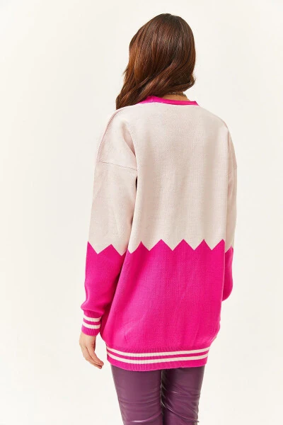 Women's Fuchsia Zigzag Letter Detail Oversized Knit Cardigan HRK-19000277 - 6