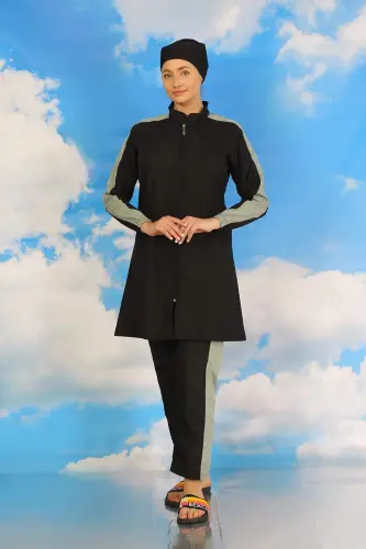 Women's Full Coverage Modest Swimsuit with Trouser Sleeves in Black 31066 - 2