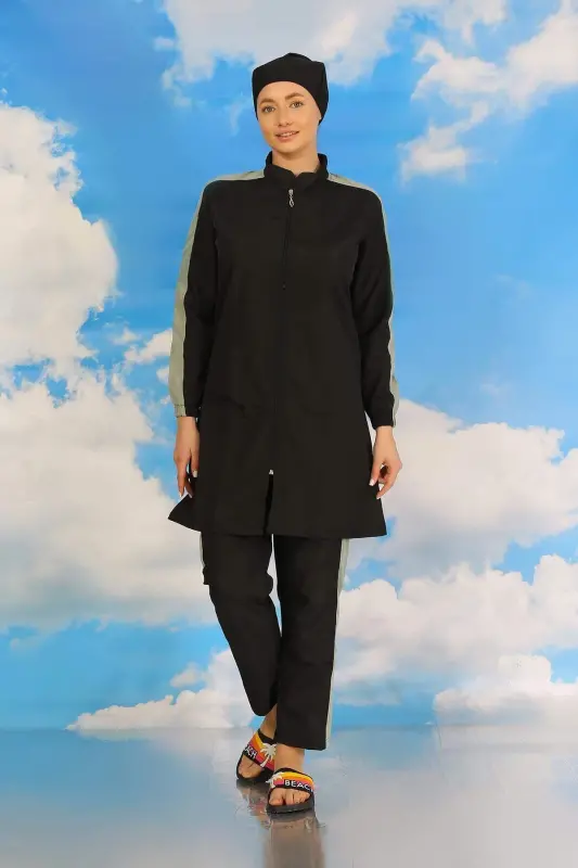 Women's Full Coverage Modest Swimsuit with Trouser Sleeves in Black 31066 - 6