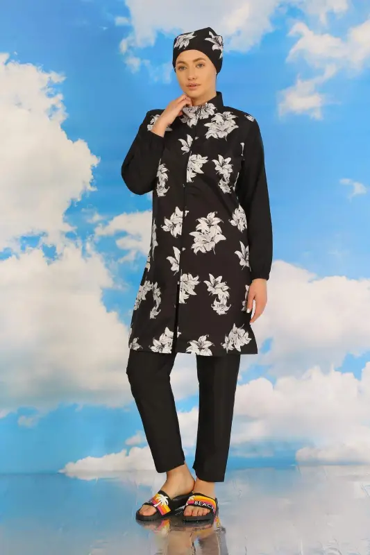 Women's Full Coverage Patterned Pants Swimsuit Black 31070 - 6