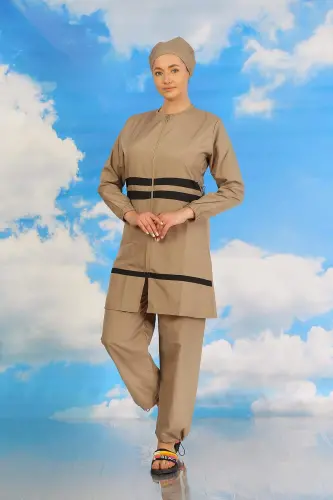 Women's Full Coverage Swimsuit Beige 31061 - BÜYÜKBEDENIZ (1)